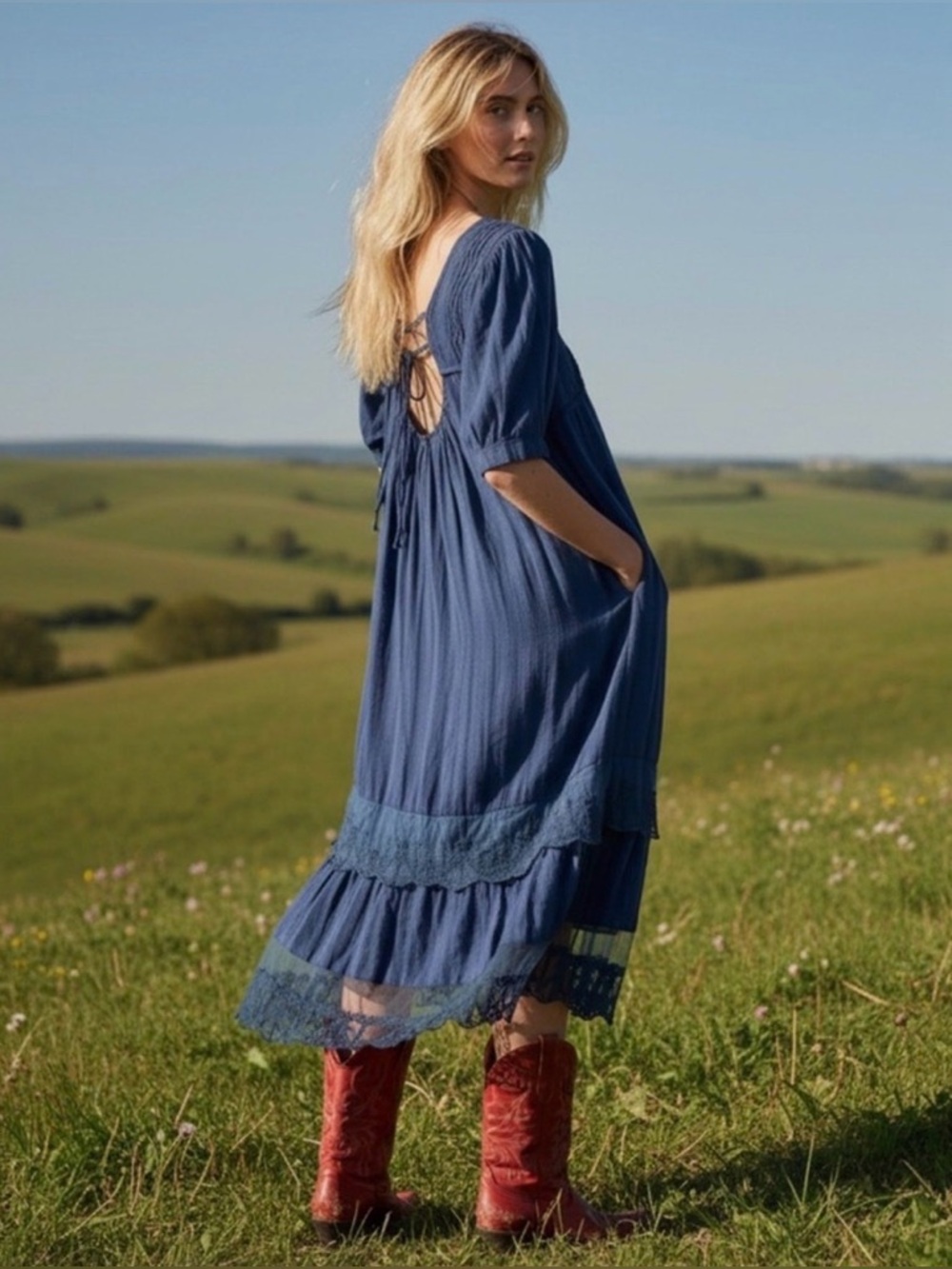 SOLD. FREE PEOPLE Calder Midi Dress in Skipper Blue / Navy Blue size small - Picture 7 of 15